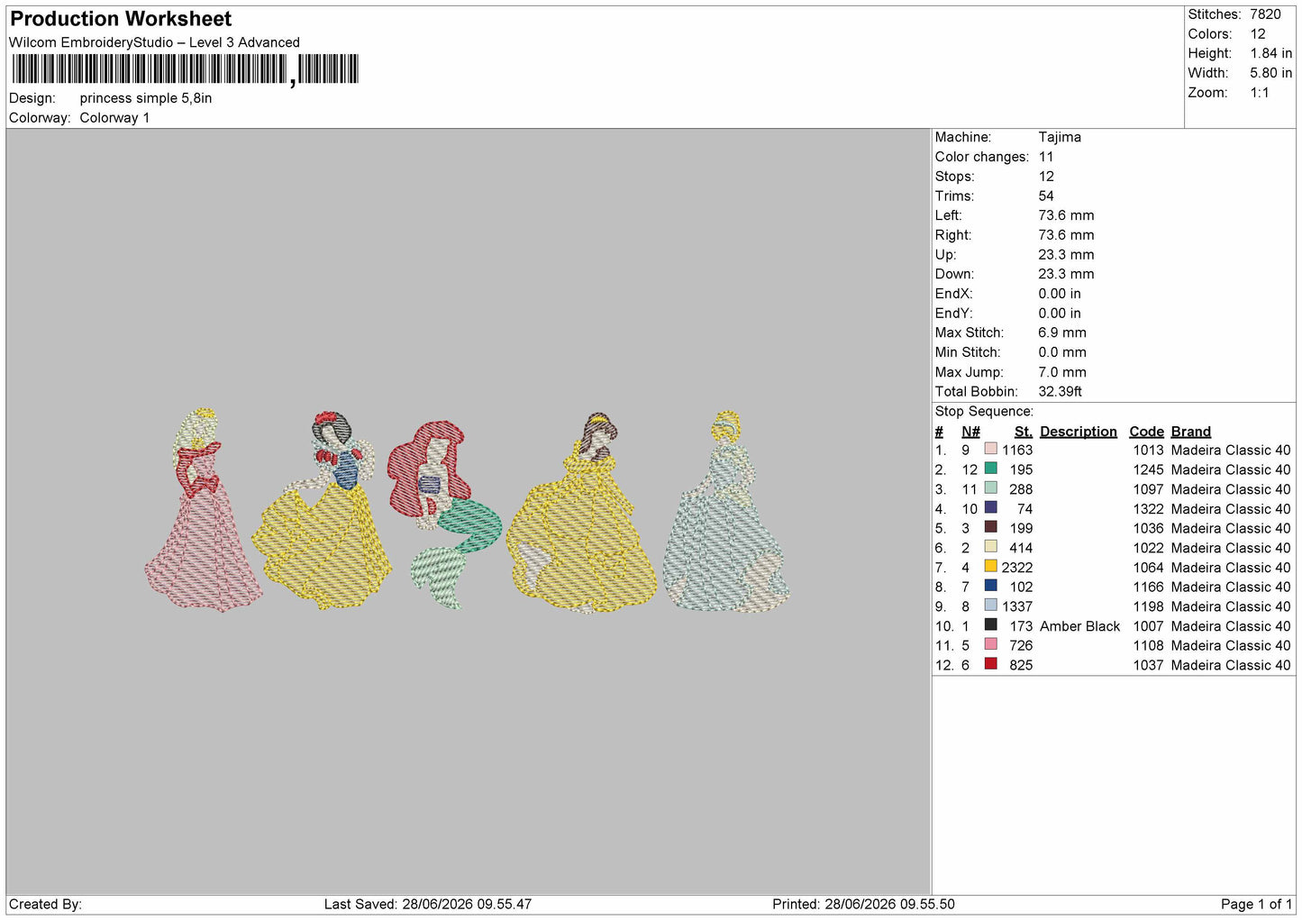 Princess Flat Embroidery Machine Design File 6 sizes