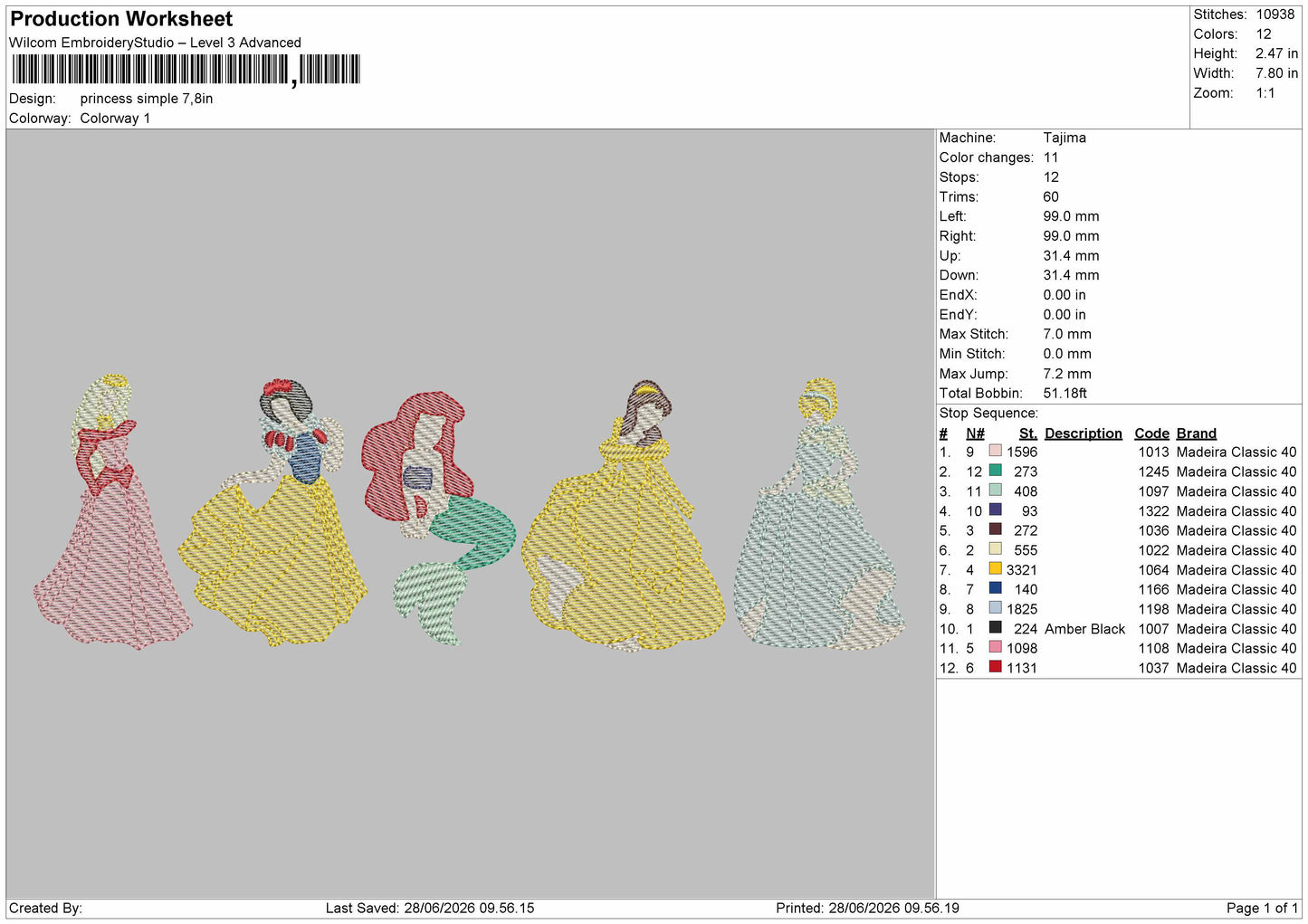 Princess Flat Embroidery Machine Design File 6 sizes