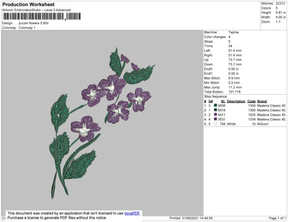 Purple Flowers Embroidery File 4 size
