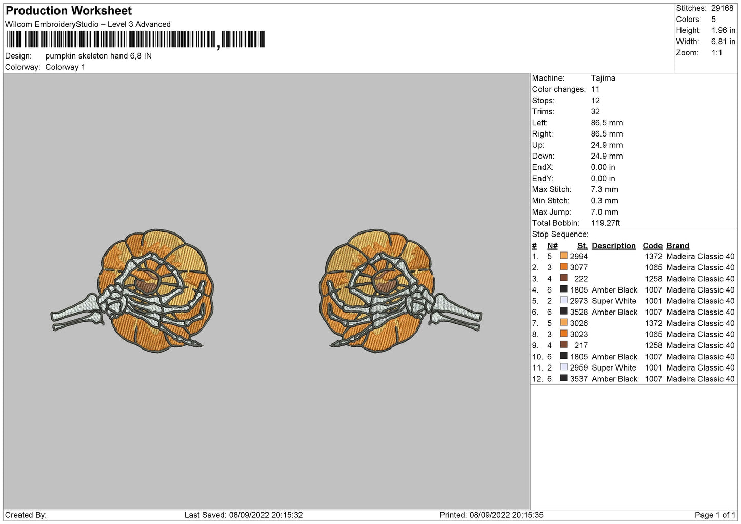 Pumpkin Skeleton Hand Embroidery File 6 sizes