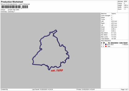 PUNJAB MAP Embroidery File 6 sizes