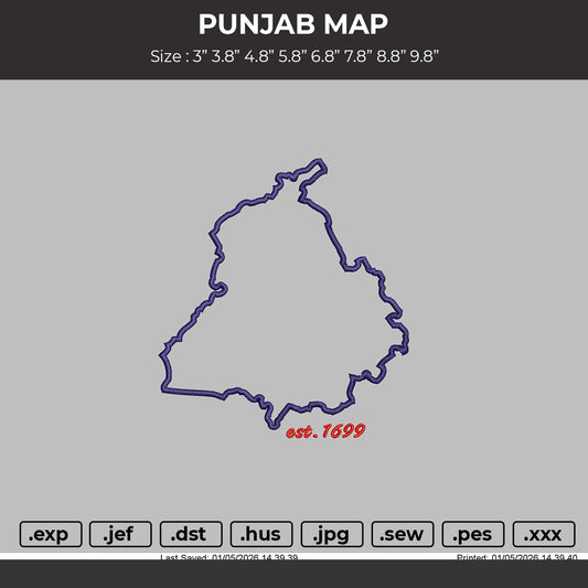 PUNJAB MAP Embroidery File 6 sizes