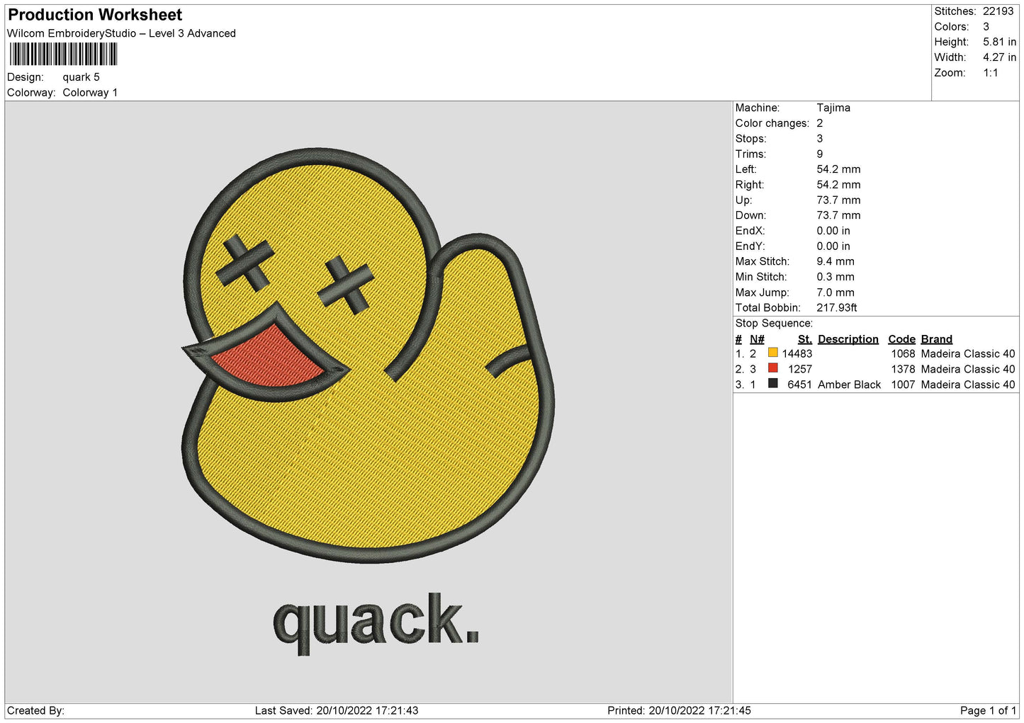 Quack Embroidery FIle 6 sizes