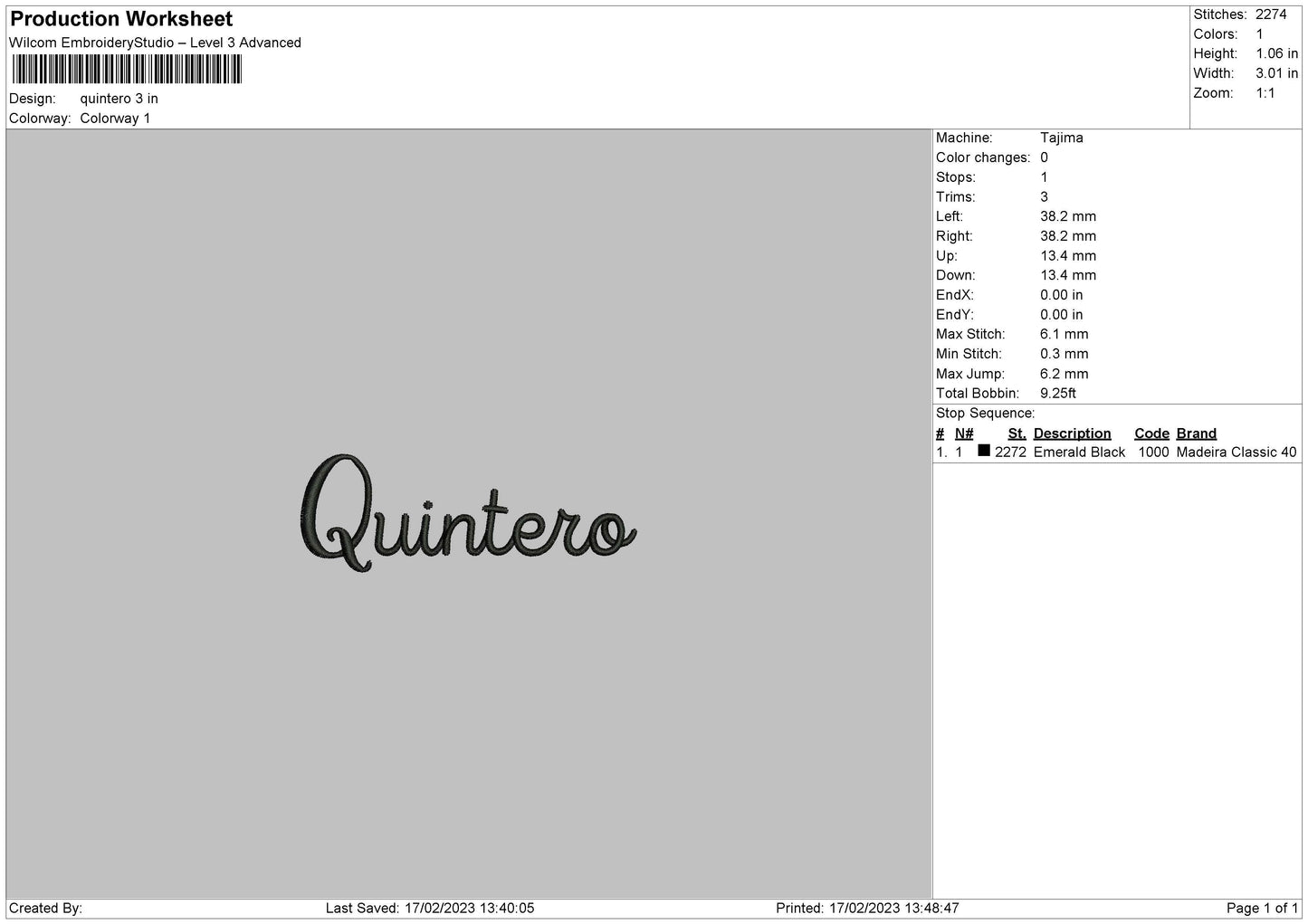 Quintero Embroidery File 6 sizes