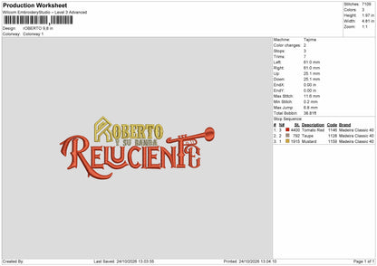 Roberto Text Embroidery Machine Design File 6 sizes