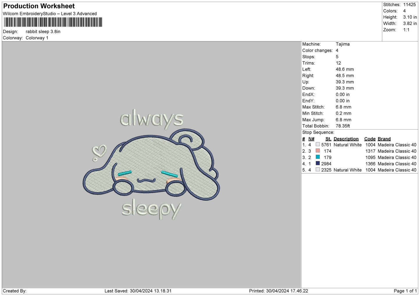 rabbit Sleep Embroidery File 6 sizes