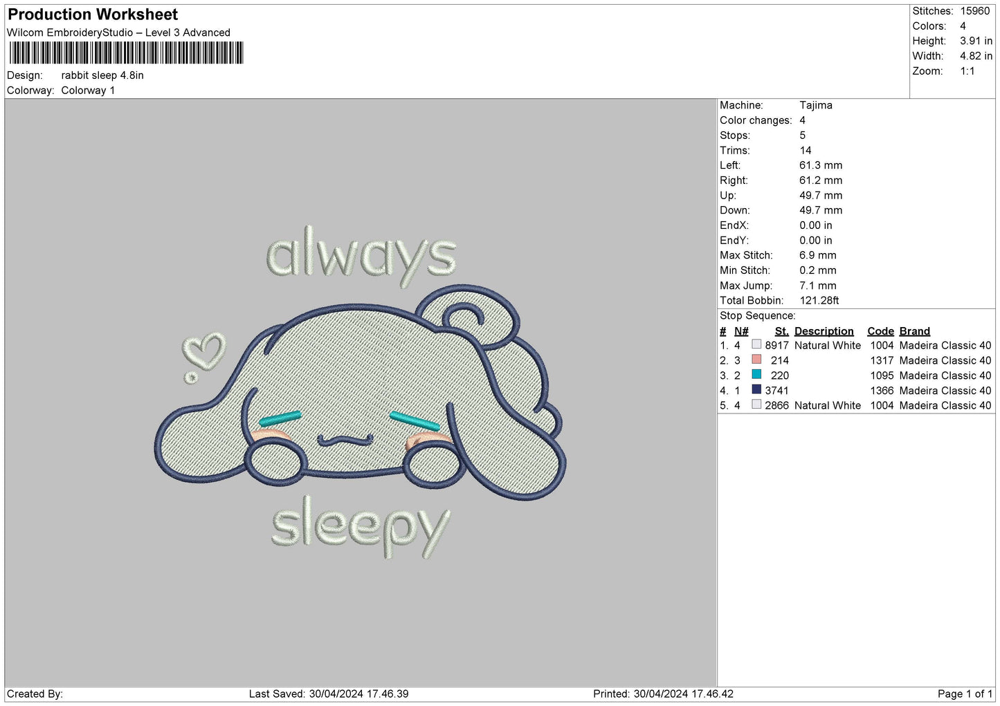 rabbit Sleep Embroidery File 6 sizes