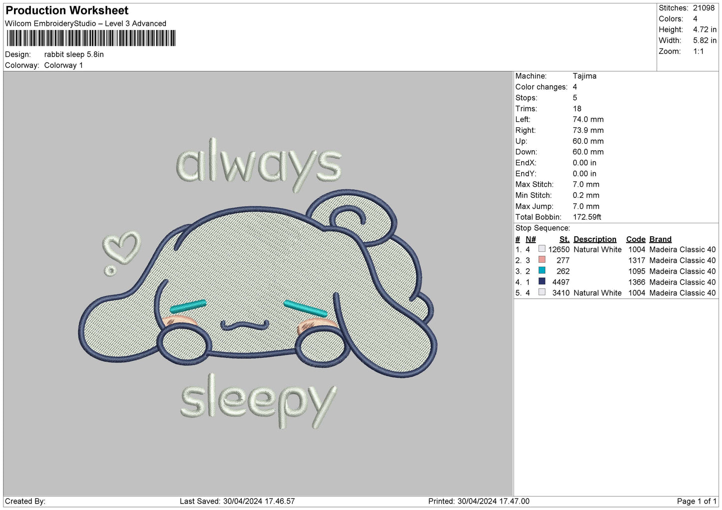 rabbit Sleep Embroidery File 6 sizes