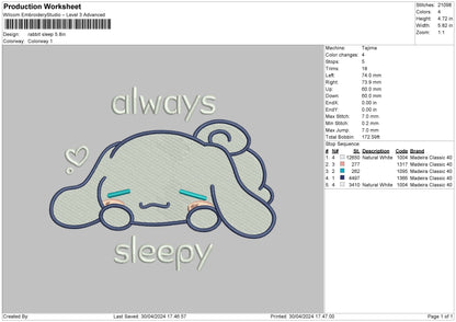rabbit Sleep Embroidery File 6 sizes