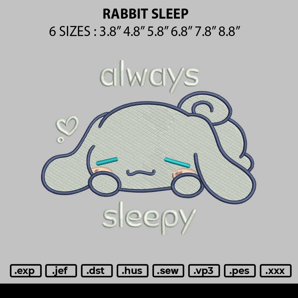rabbit Sleep Embroidery File 6 sizes