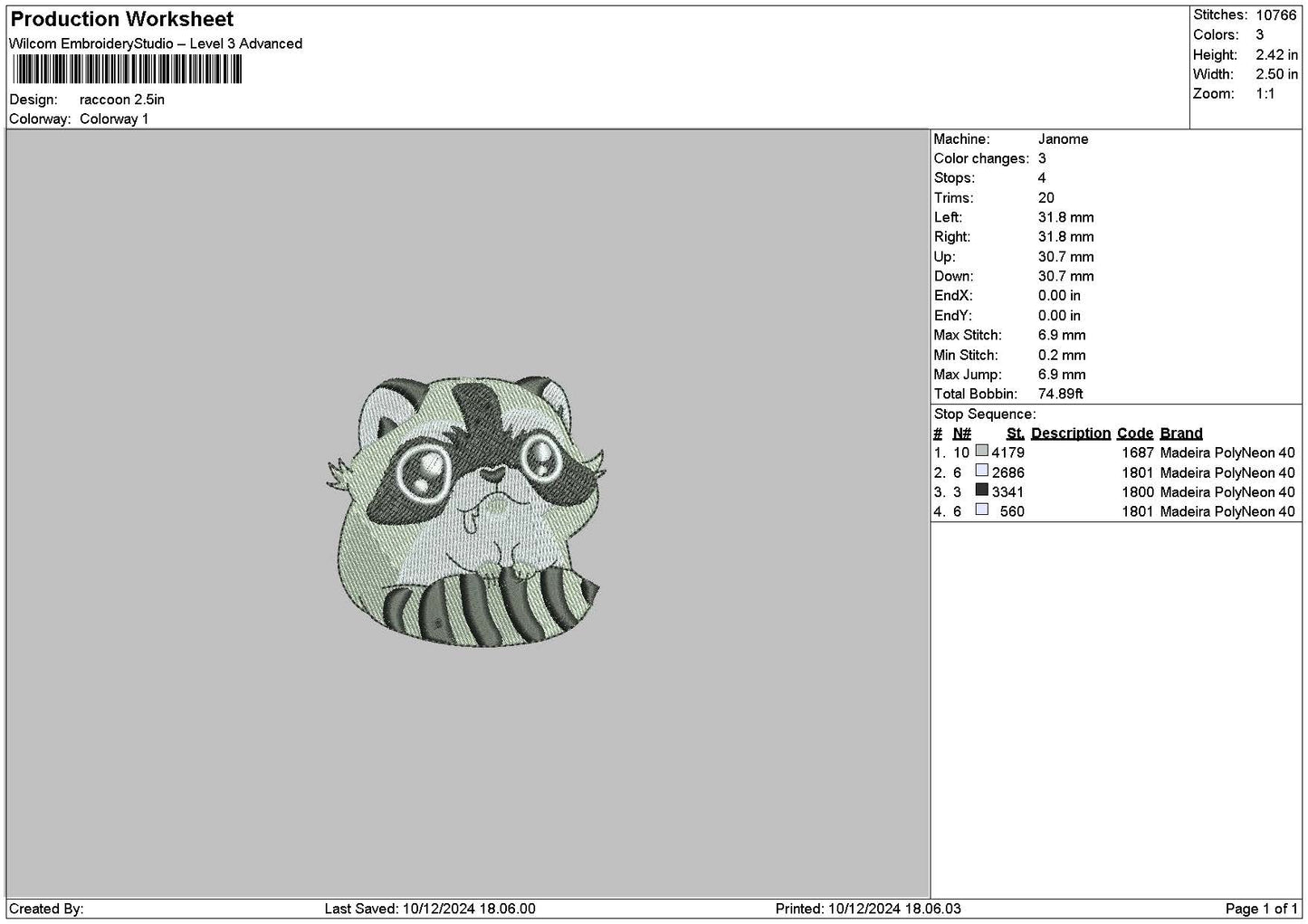 Racoon 04 Embroidery File 6 sizes