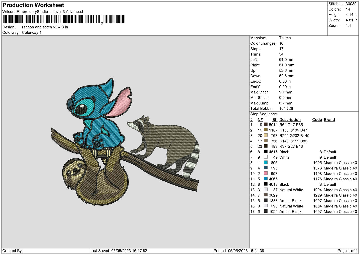 Racoon And Stitch Embroidery File 6 sizes