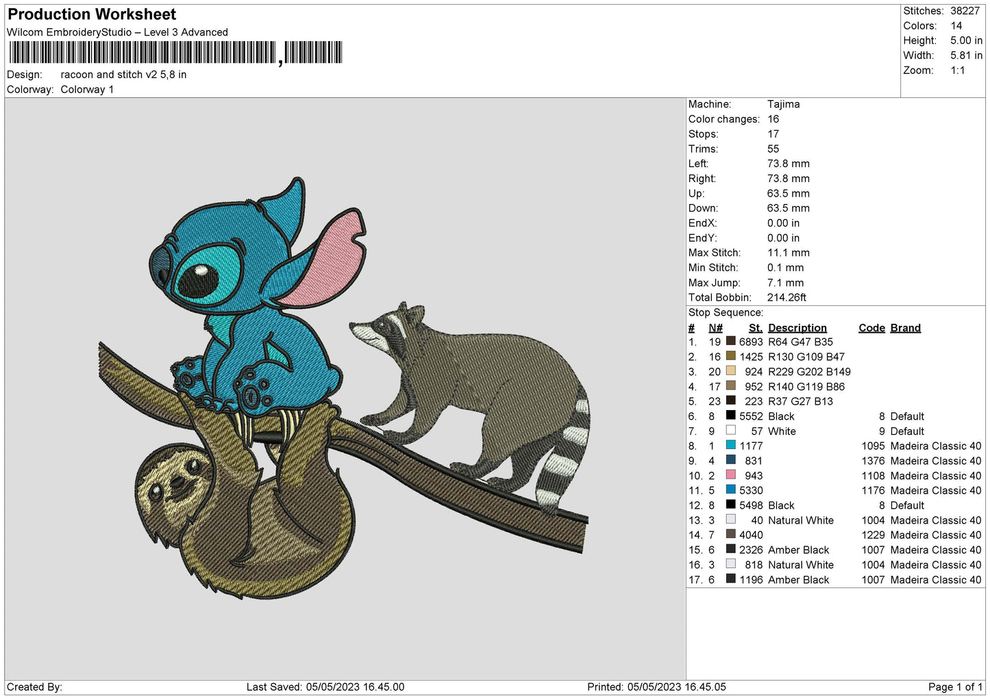 Racoon And Stitch Embroidery File 6 sizes