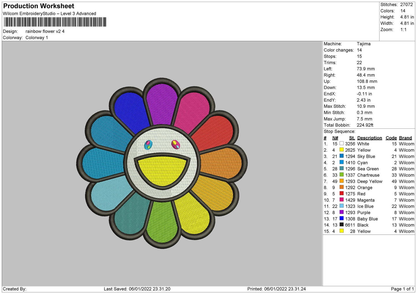 Rainbow Flower Embroidery File 4 size