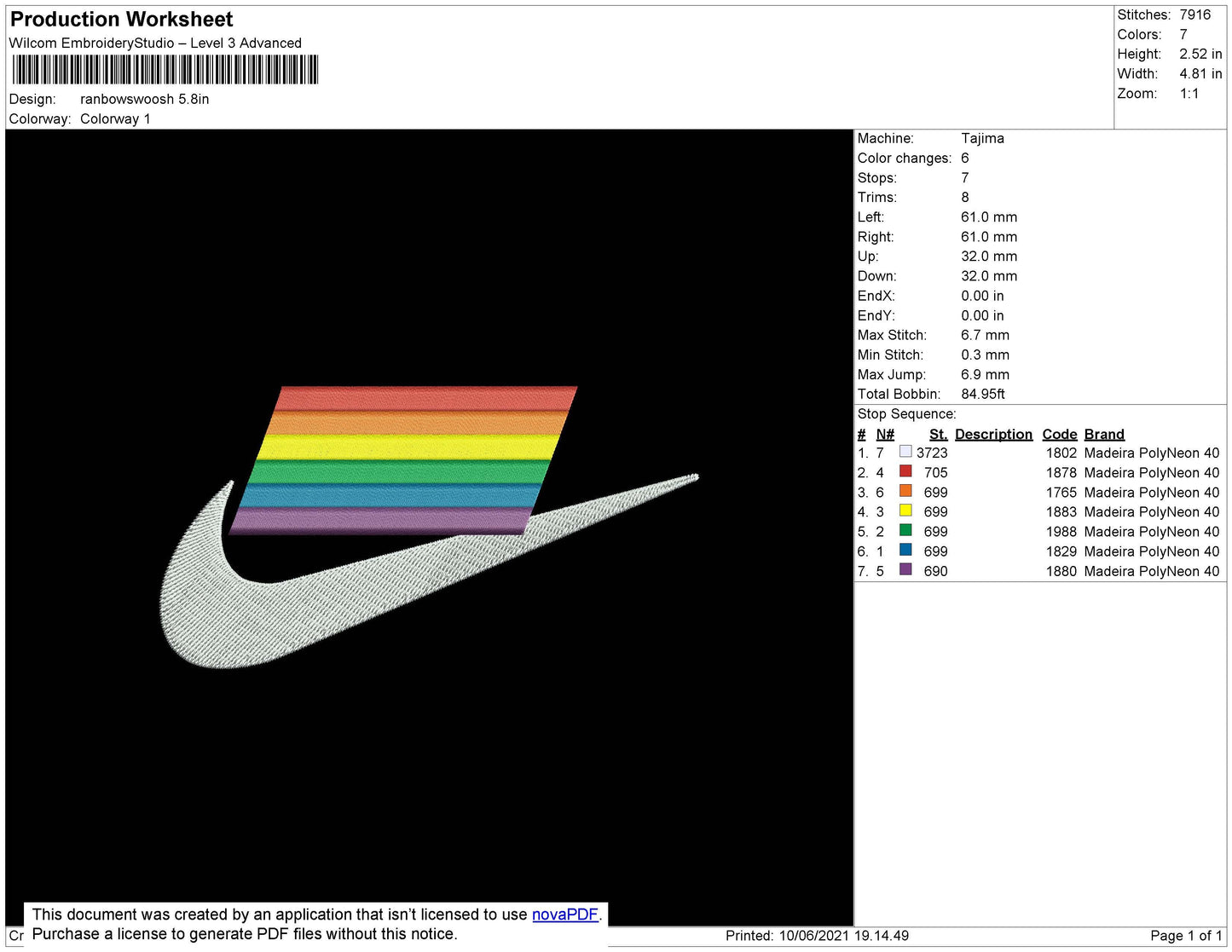 Rainbow Swoosh Embroidery File 4 size