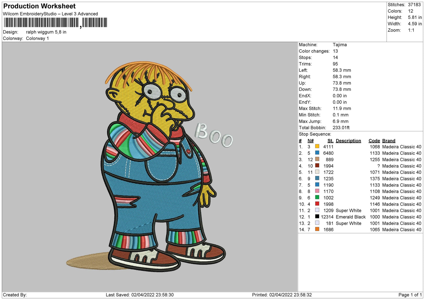 Ralph Wiggum Embroidery File 4 size