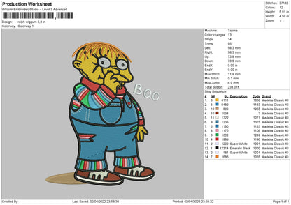 Ralph Wiggum Embroidery File 4 size