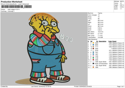 Ralph Wiggum Embroidery File 4 size