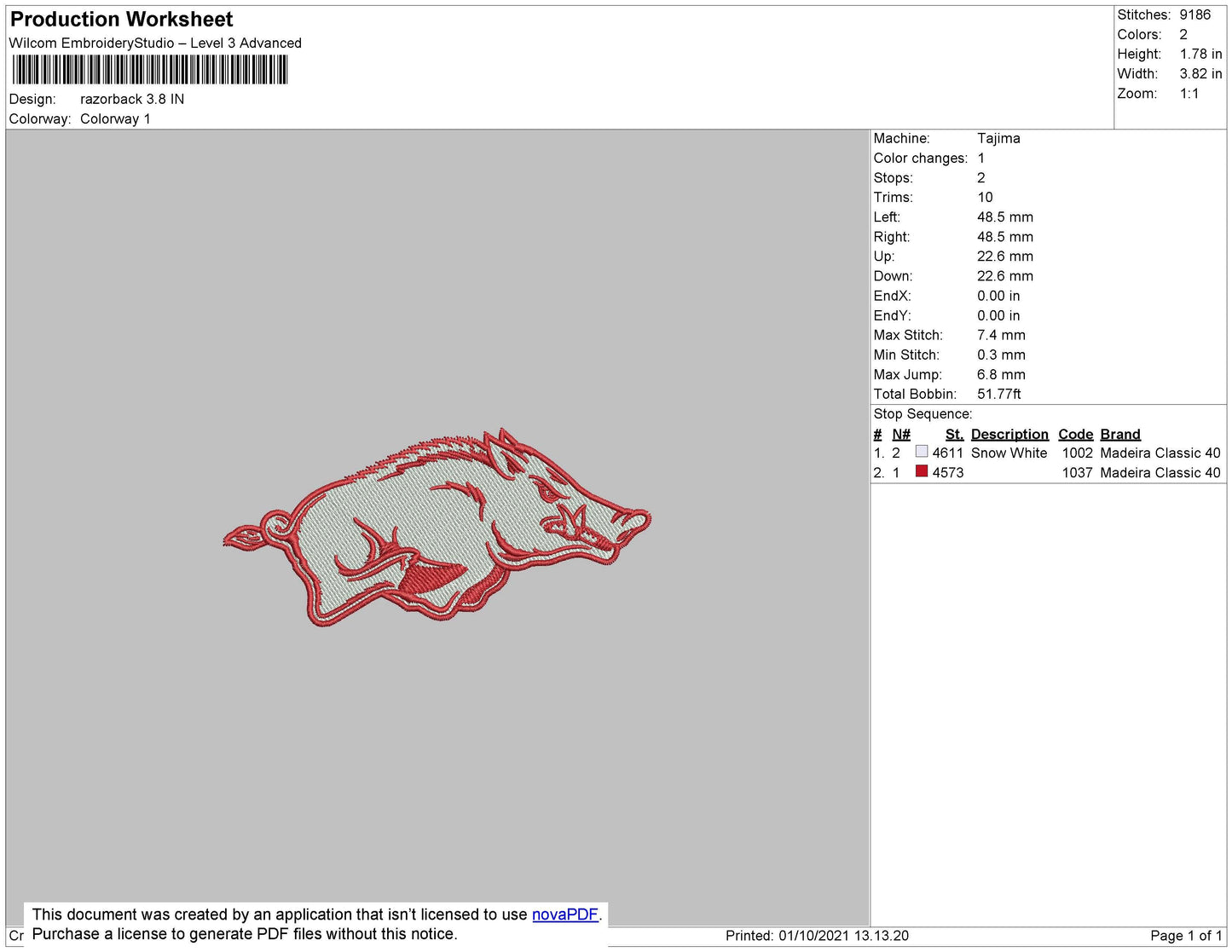 Razorback Embroidery File 4 size