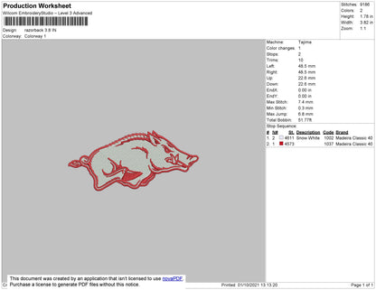 Razorback Embroidery File 4 size