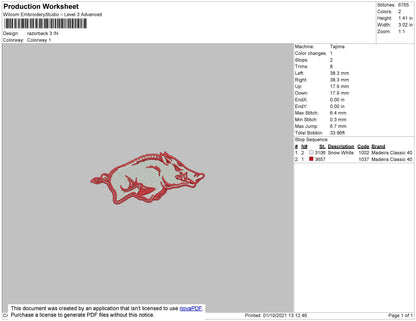 Razorback Embroidery File 4 size