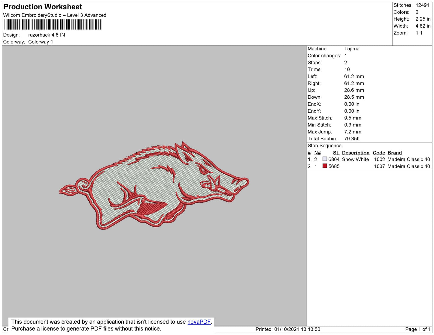 Razorback Embroidery File 4 size