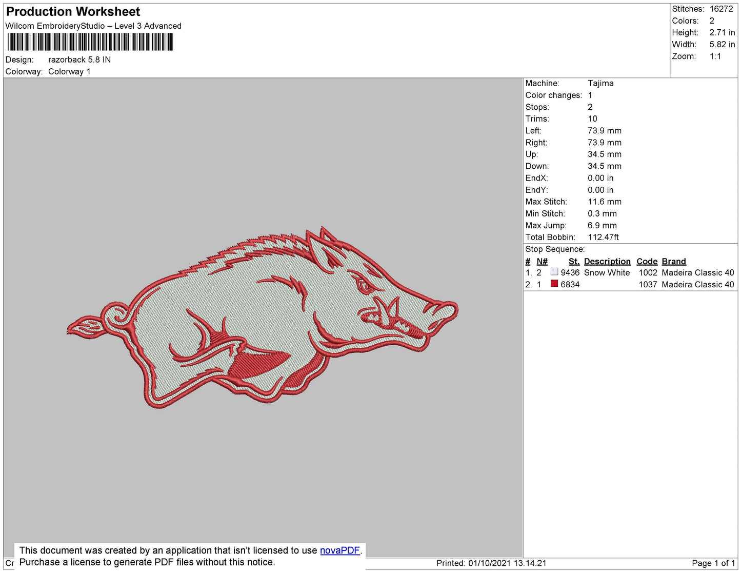 Razorback Embroidery File 4 size