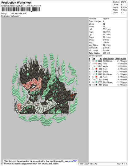 Rock Lee Mode Embroidery File 4 size