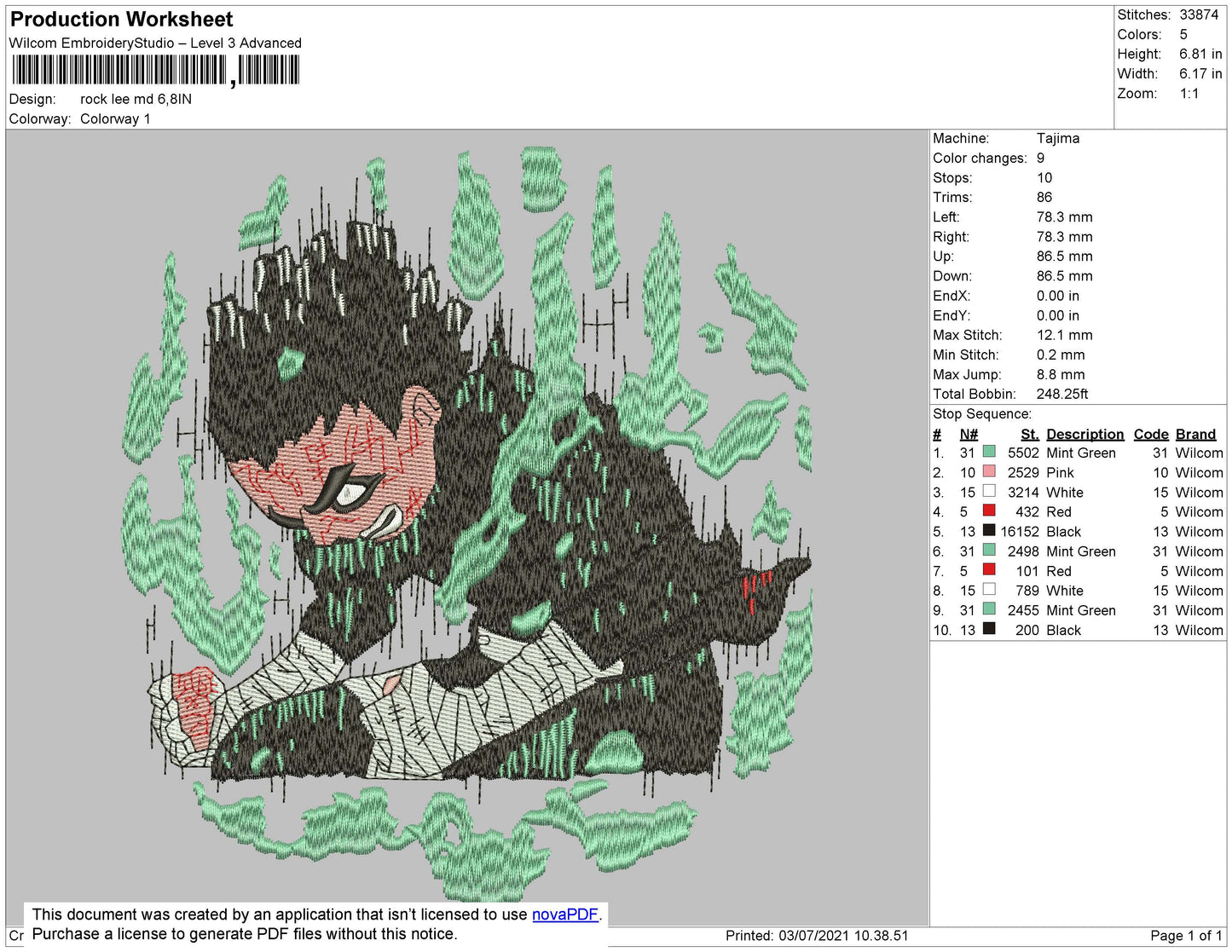 Rock Lee Mode Embroidery File 4 size