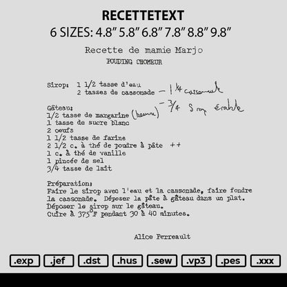Recettetext Embroidery File 6 sizes