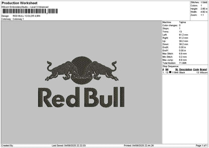 Redbull 1Color Embroidery File 6  sizes