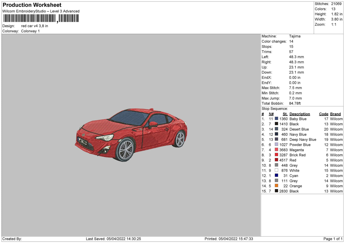 Red Car V4 Embroidery File 4 size