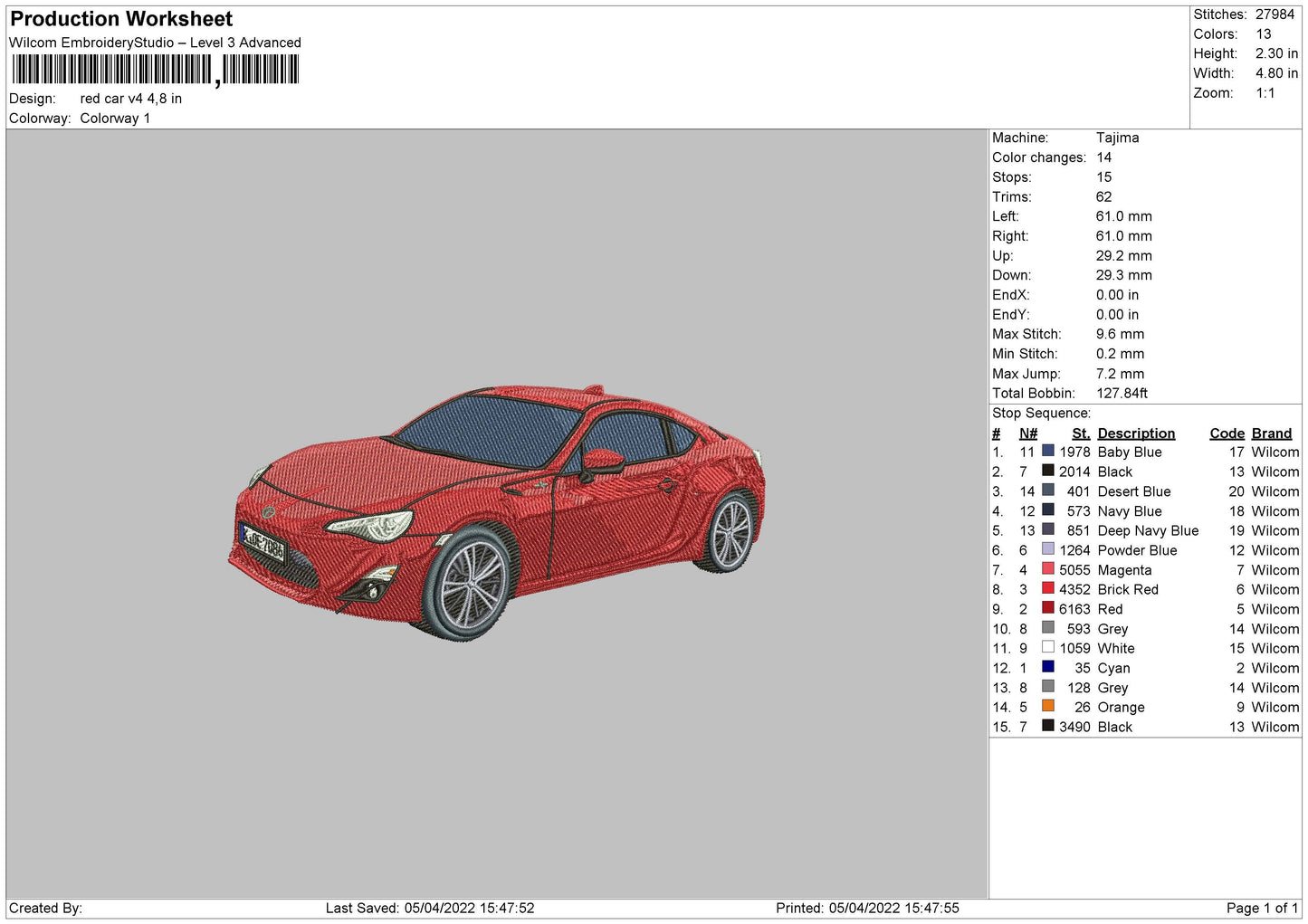 Red Car V4 Embroidery File 4 size