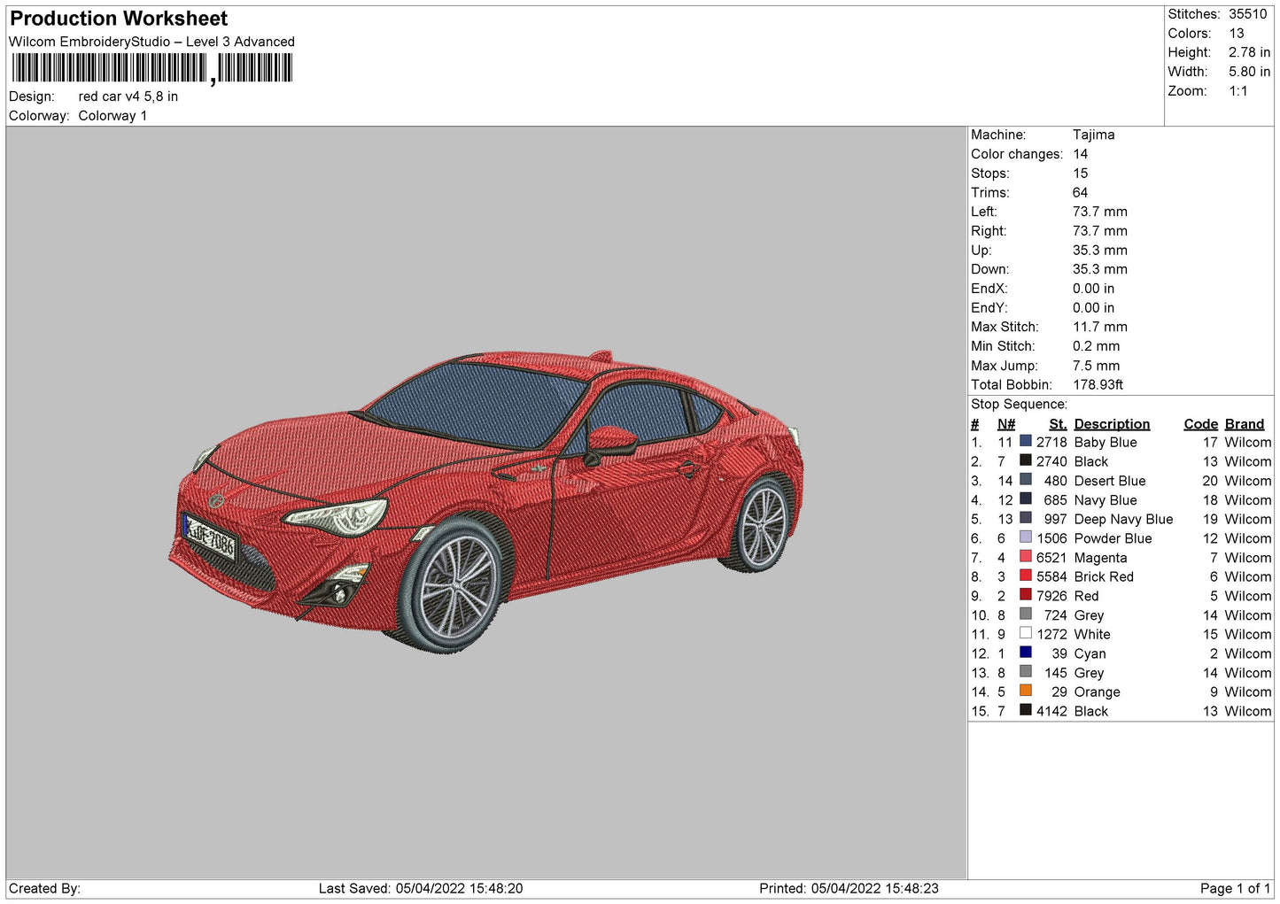 Red Car V4 Embroidery File 4 size
