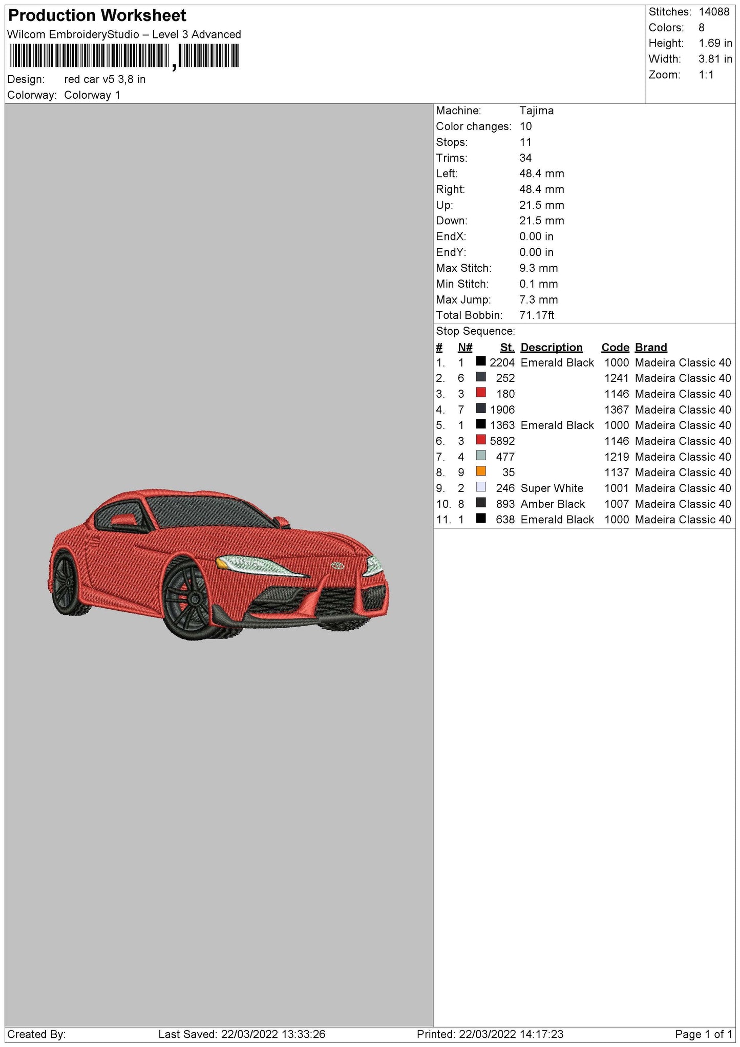 Red Car V5 Embroidery File 4 size