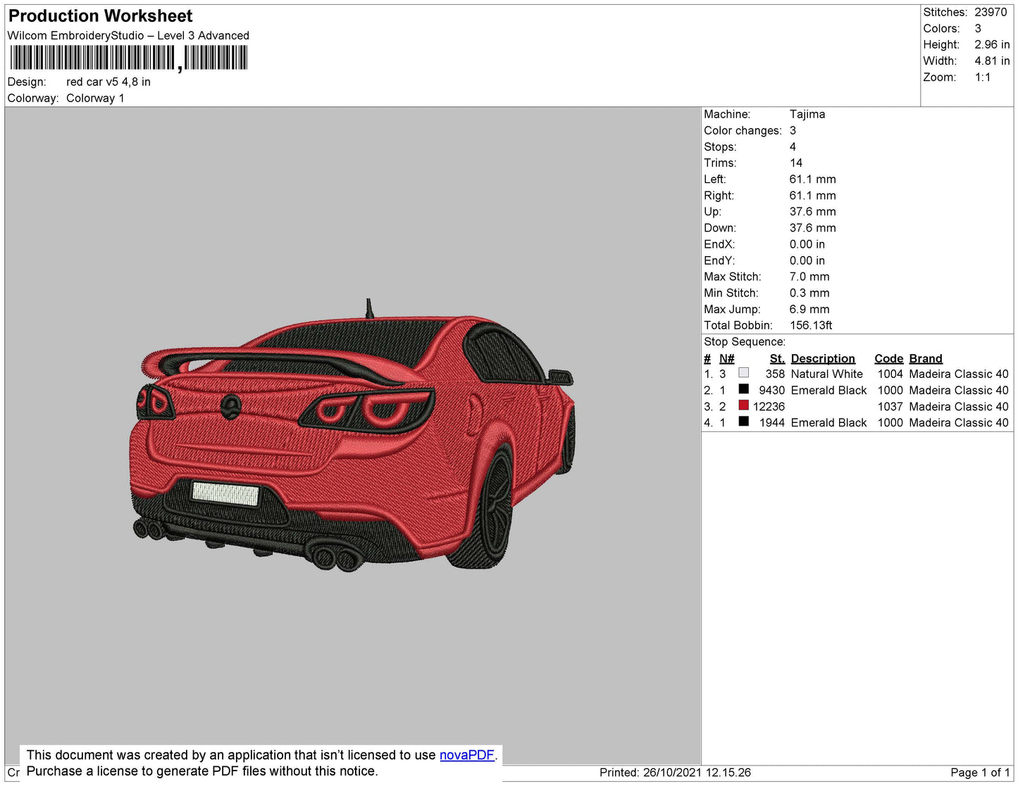 Red Car V5 Embroidery File 4 size