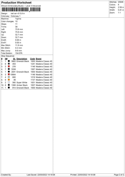 Red Car V5 Embroidery File 4 size