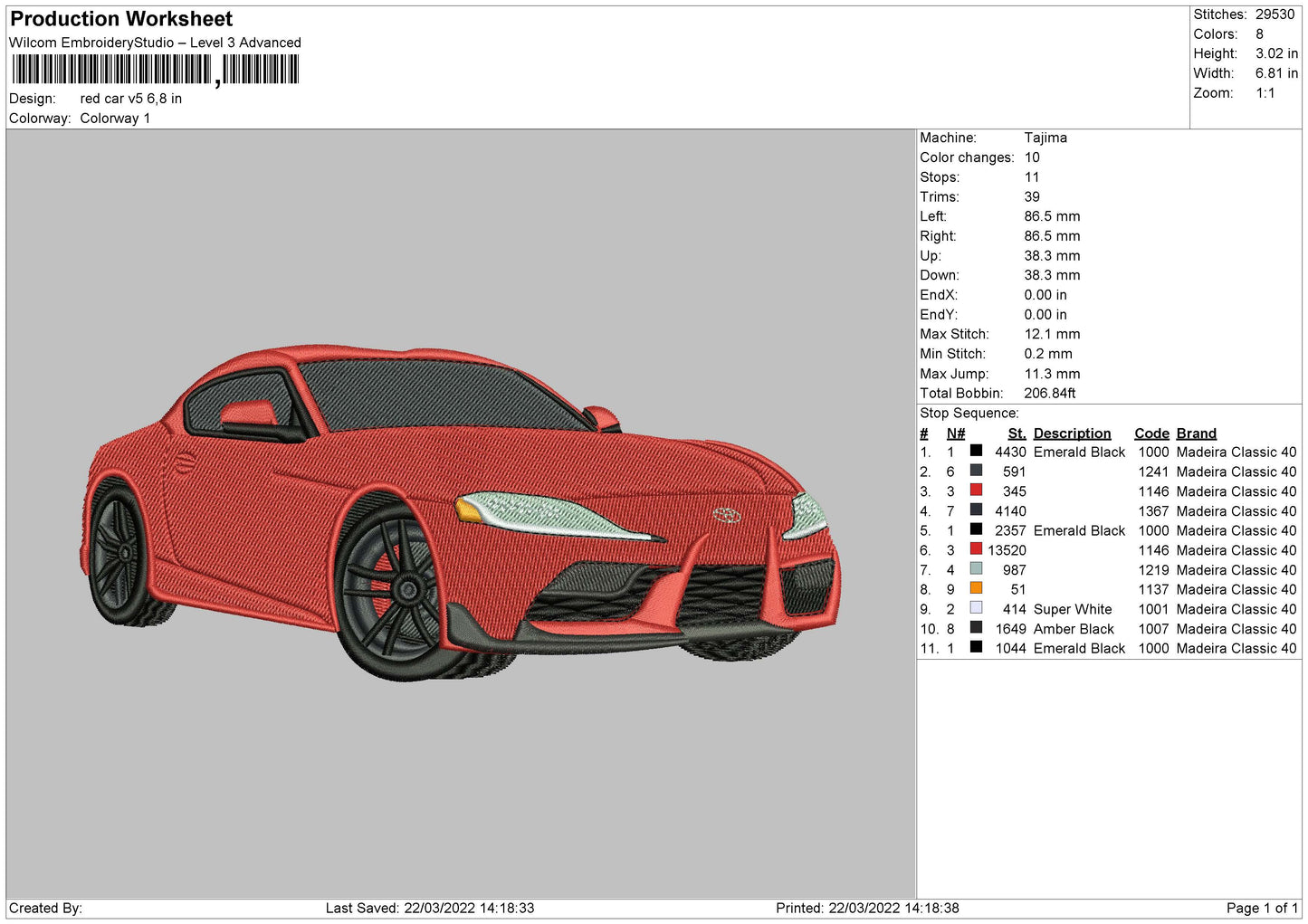 Red Car V5 Embroidery File 4 size
