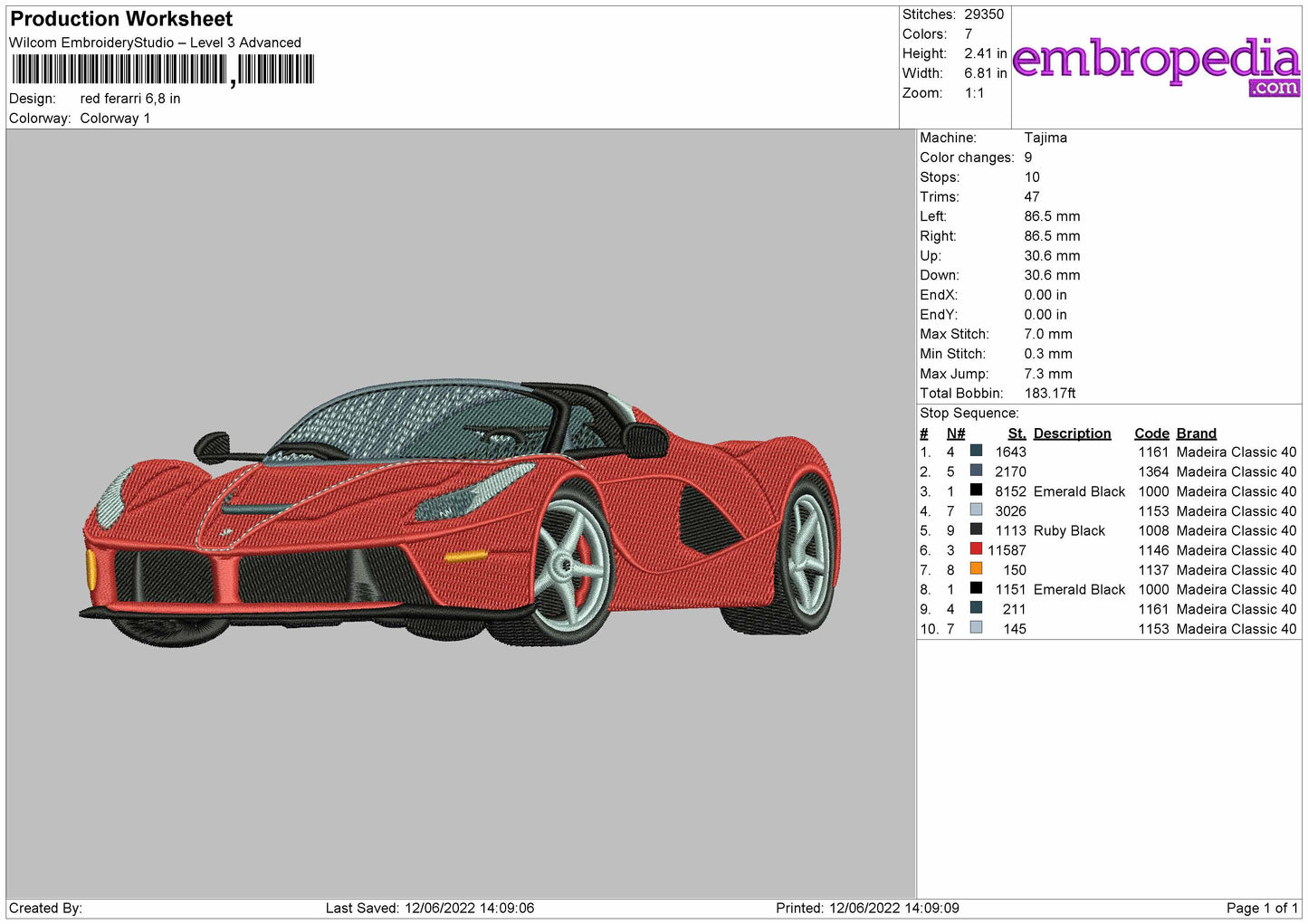 Red Ferarri Embroidery File 4 size