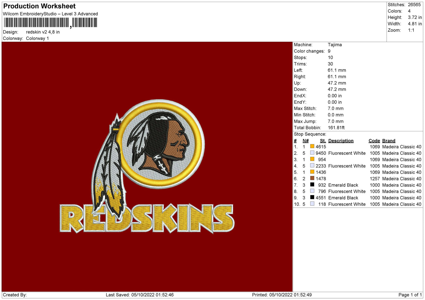 Redskins V2 Embroidery File 6 sizes
