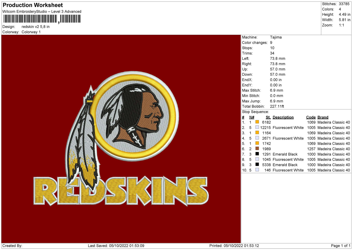 Redskins V2 Embroidery File 6 sizes