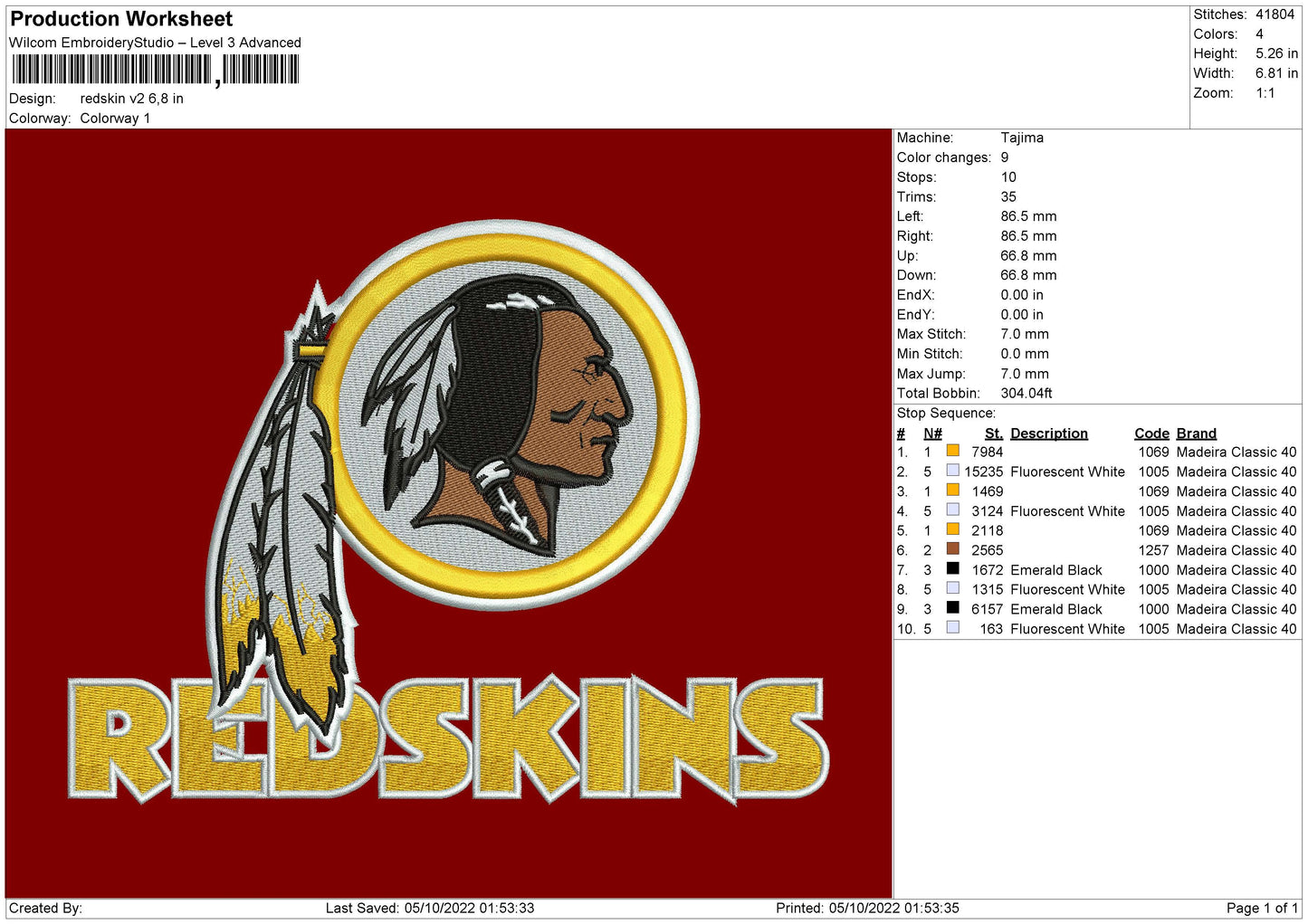 Redskins V2 Embroidery File 6 sizes