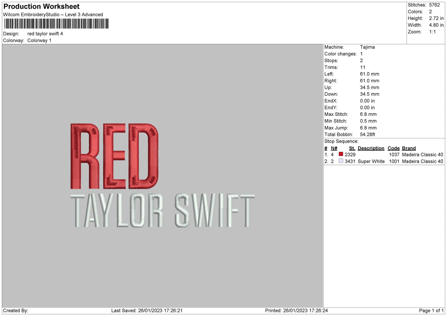 Red Ts Embroidery File 6 sizes