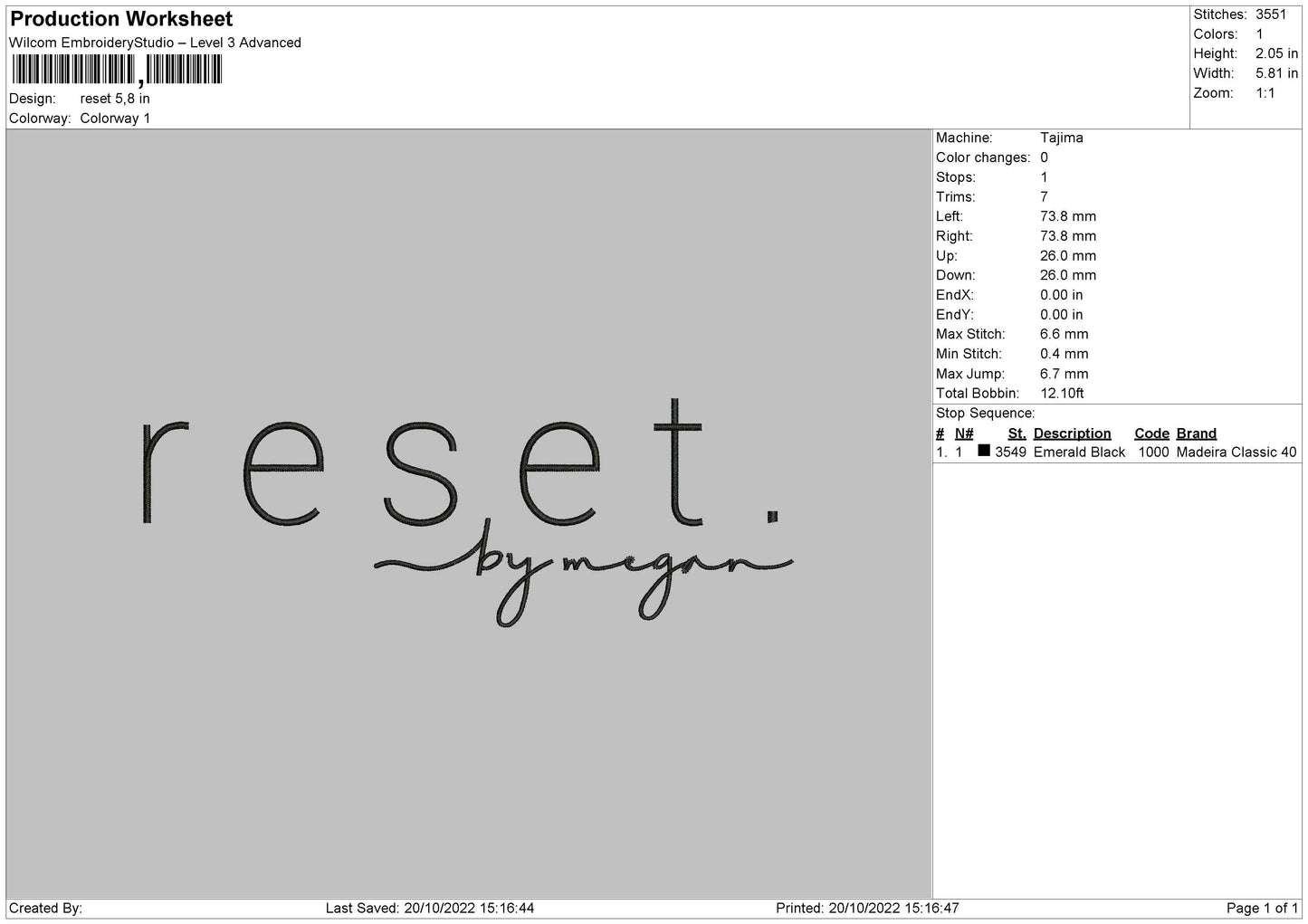 Reset Embroidery File 6 sizes