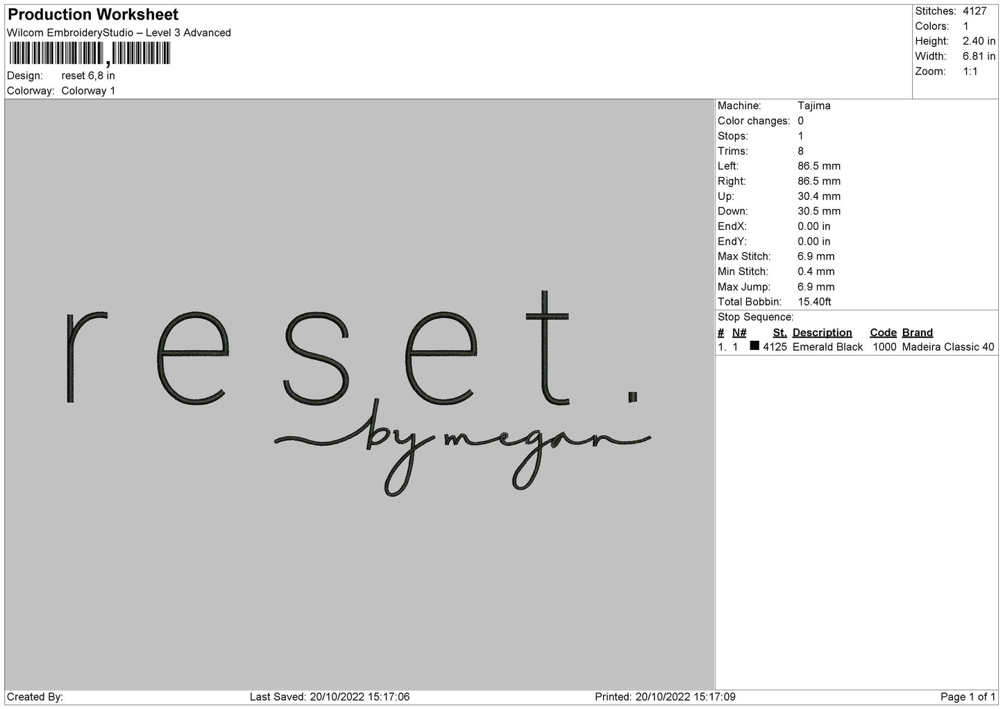 Reset Embroidery File 6 sizes