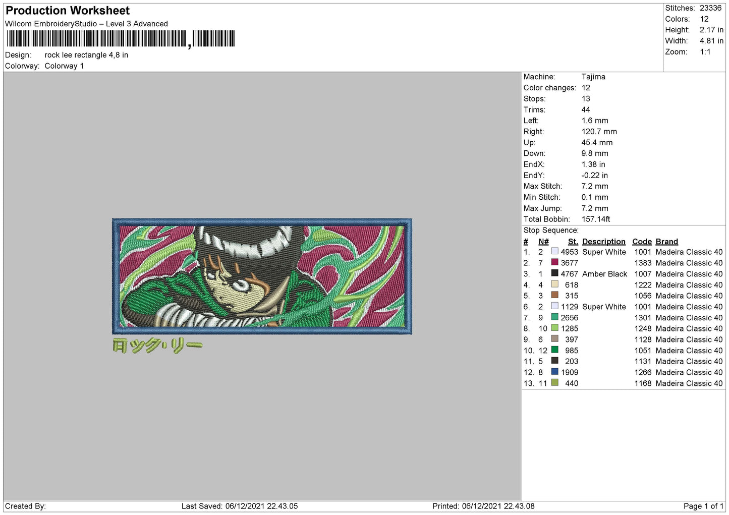 Rock Lee Rectangle Embroidery File 4 size