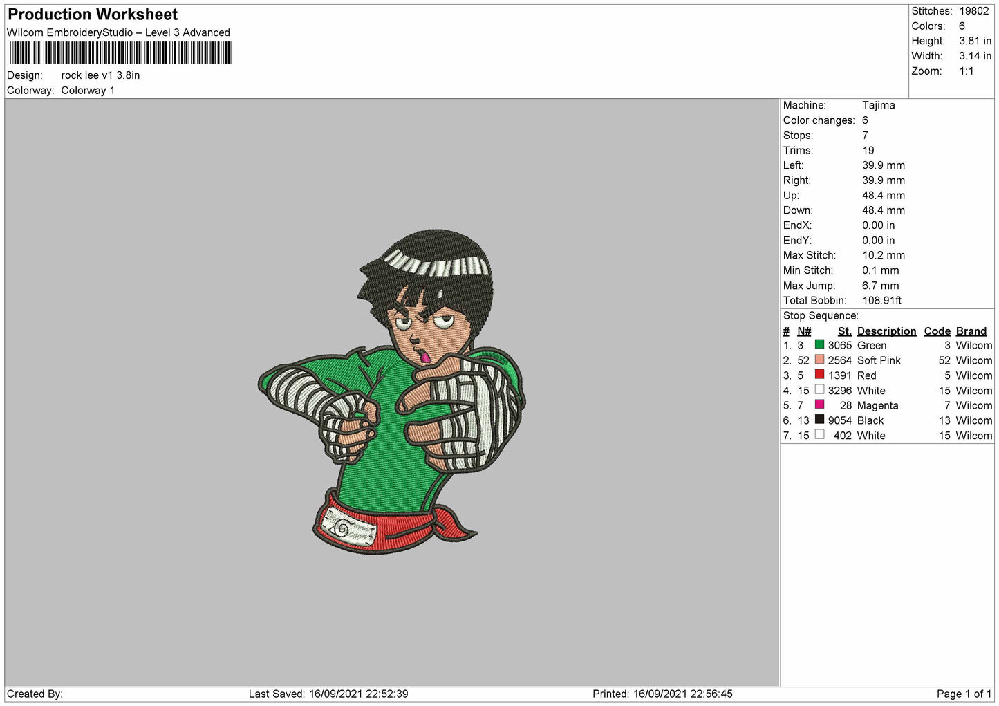 Rock Lee Drunk Embroidery File 4 size