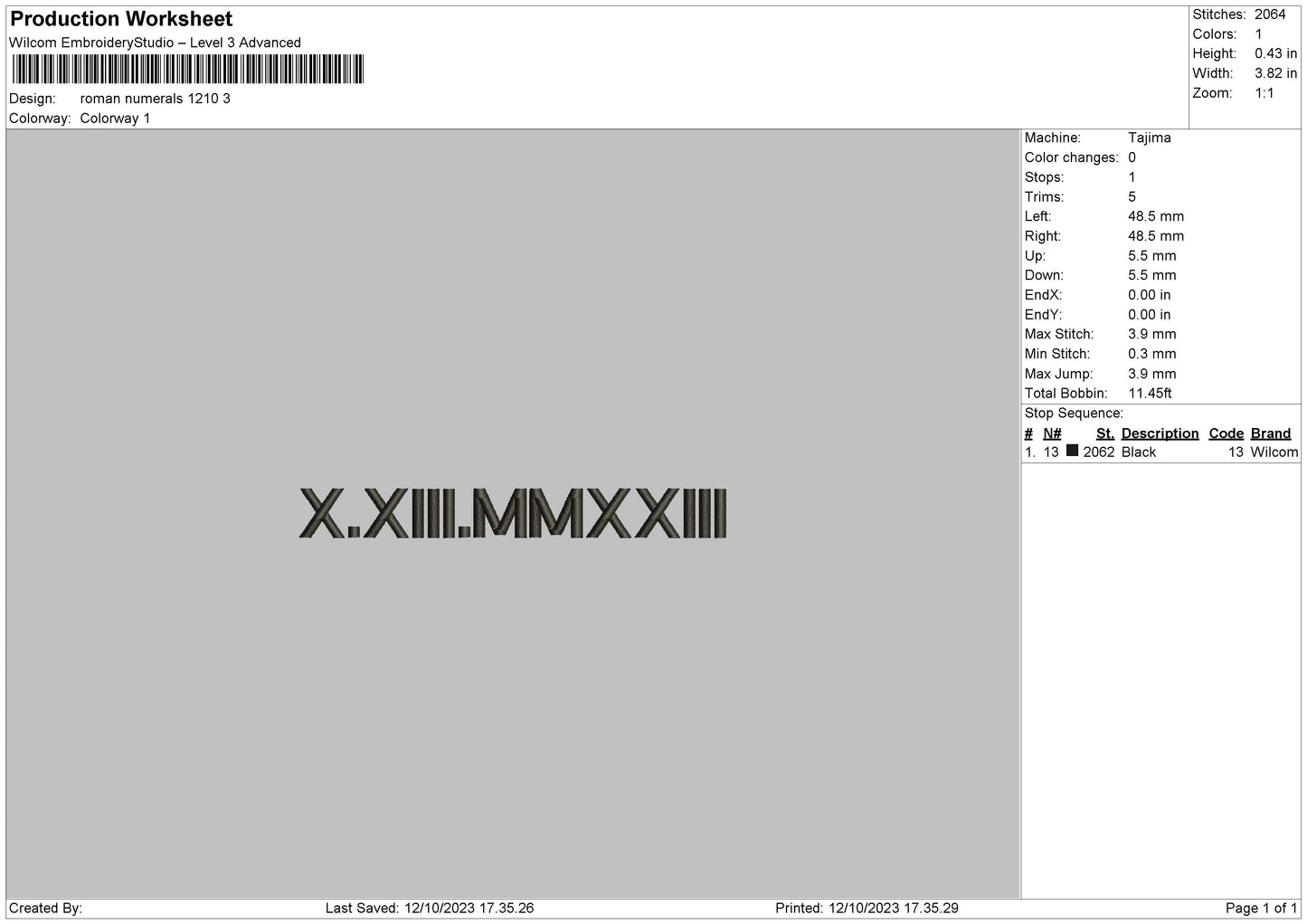 Roman Numerals 1210 Embroidery File 6 sizes