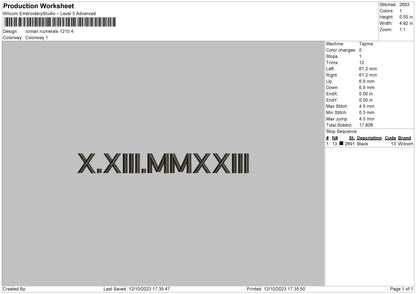 Roman Numerals 1210 Embroidery File 6 sizes