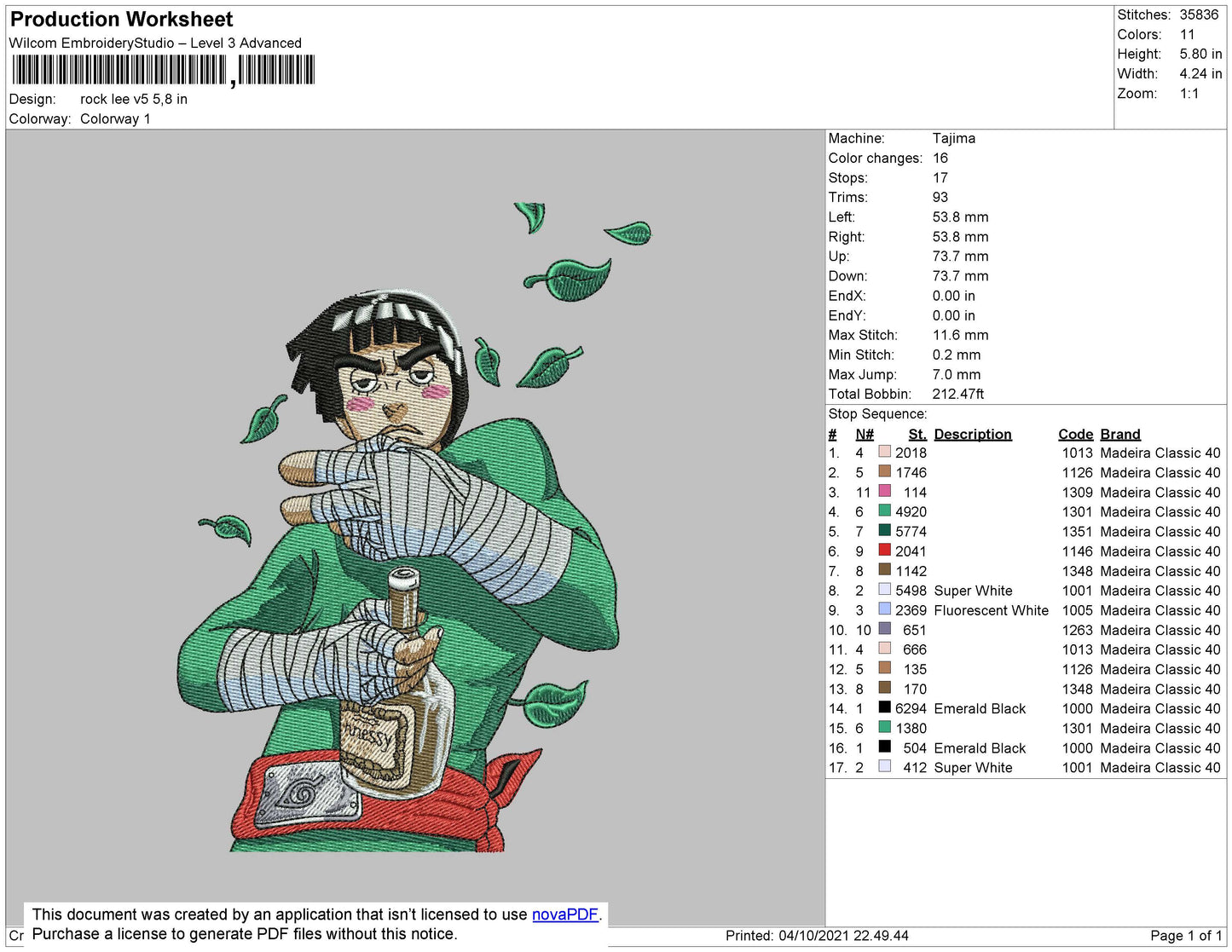 Rock Lee Embroidery File 4 size
